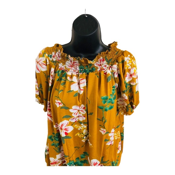 mustard gold floral smock neck off the shoulder blouson fit blouse top size L - Picture 5 of 11